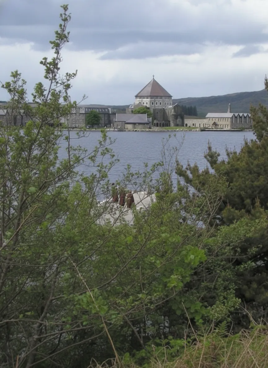 Mist-shrouded view of Station Island on Lough Derg, with a small chapel visible in the distance.
