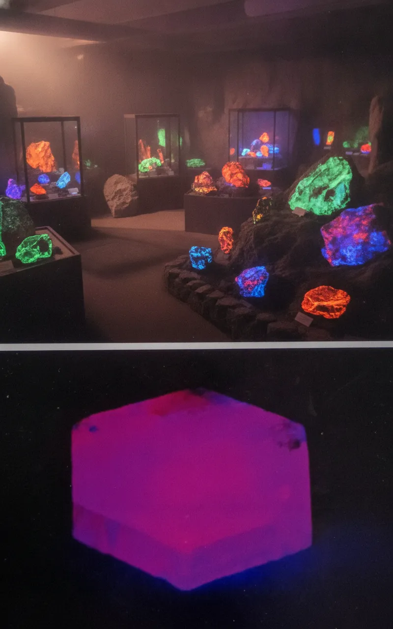 Visitors walking through the glowing Rainbow Tunnel at Sterling Hill Mine Museum, surrounded by vibrant fluorescent minerals under UV light.
