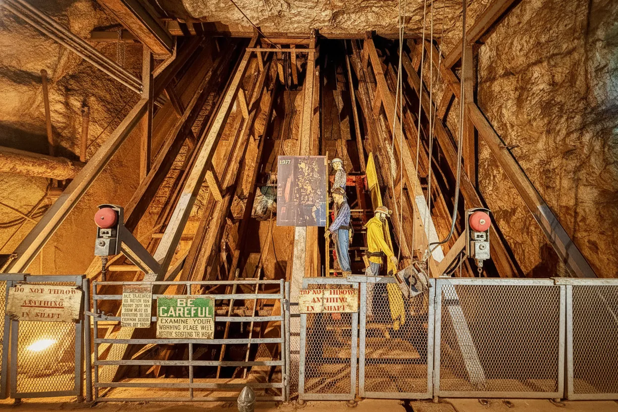 Historical mining equipment and machinery displayed in the outdoor museum yard at Sterling Hill Mine Museum under clear skies.