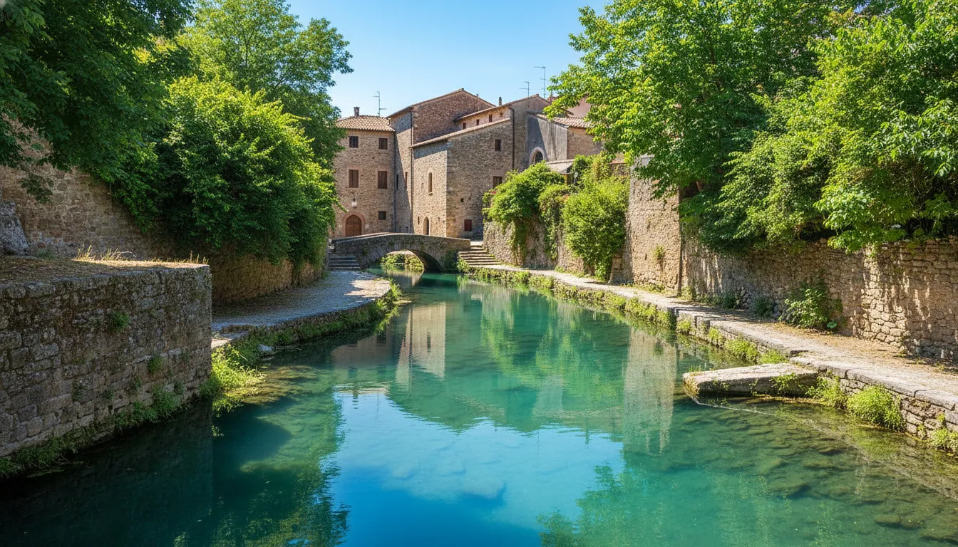 Kayaks on impossibly turquoise waters of Stifone Waterways, Umbria, Italy