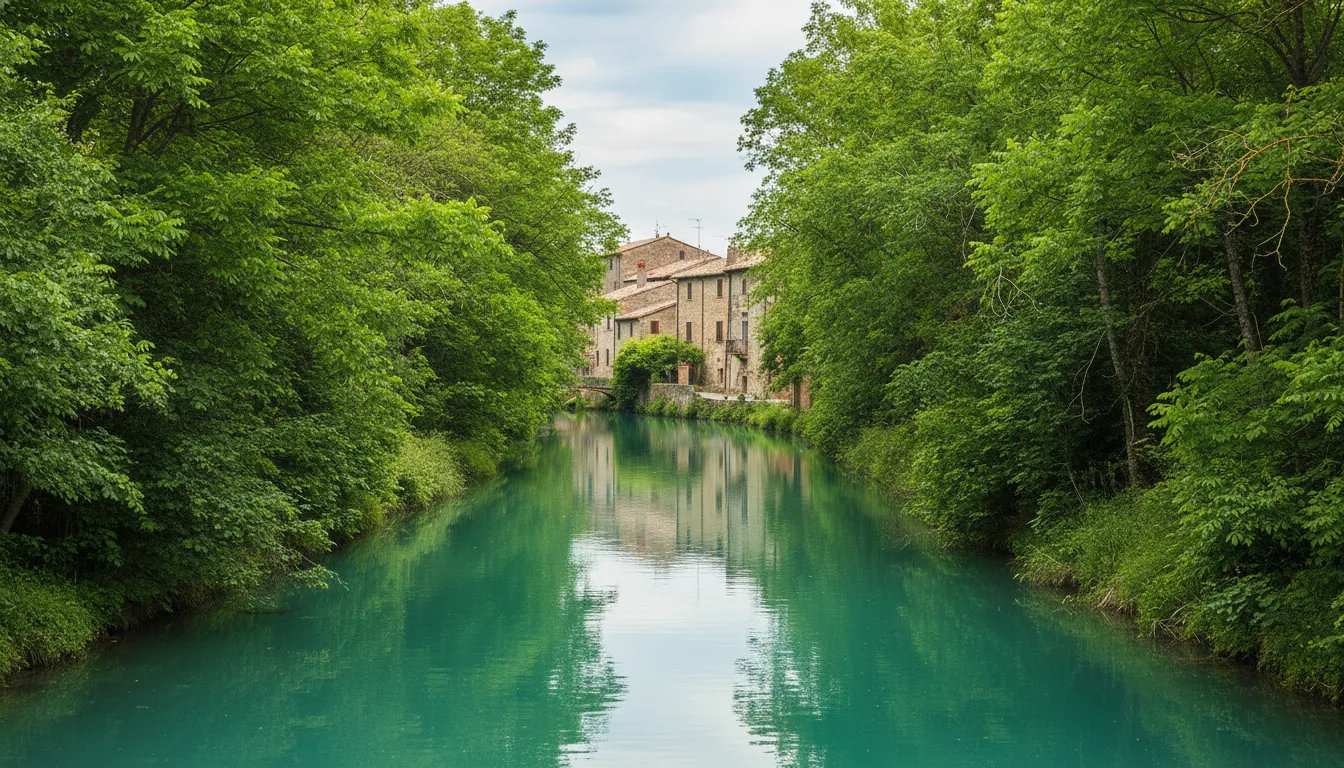 Stone bridge over turquoise canal in Stifone, with lush green banks