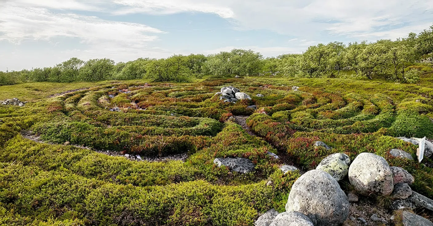 Aerial view of a large, intricate stone labyrinth on Bolshoi Zayatsky Island, surrounded by sparse tundra and the Barents Sea in the distance.