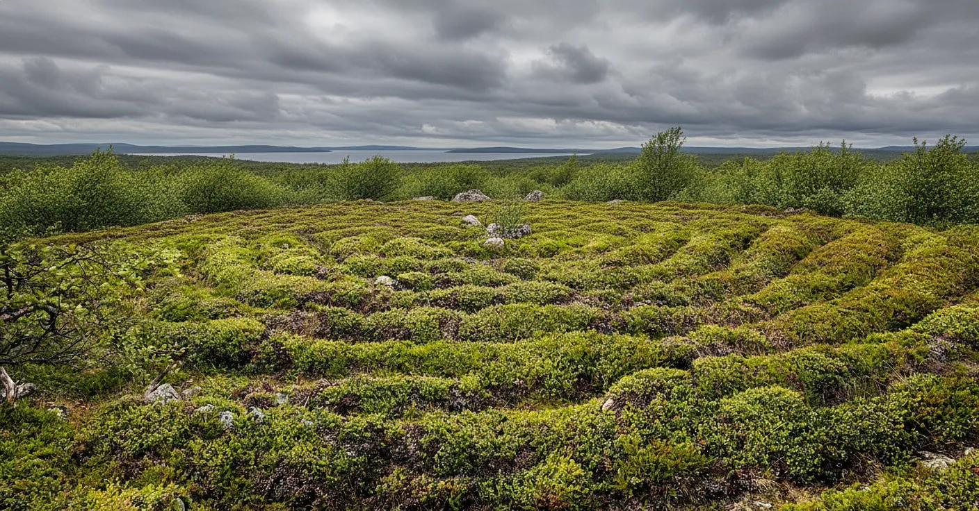 A person stands at the edge of a stone labyrinth on Bolshoi Zayatsky Island, looking out towards the sea under a dramatic sky.