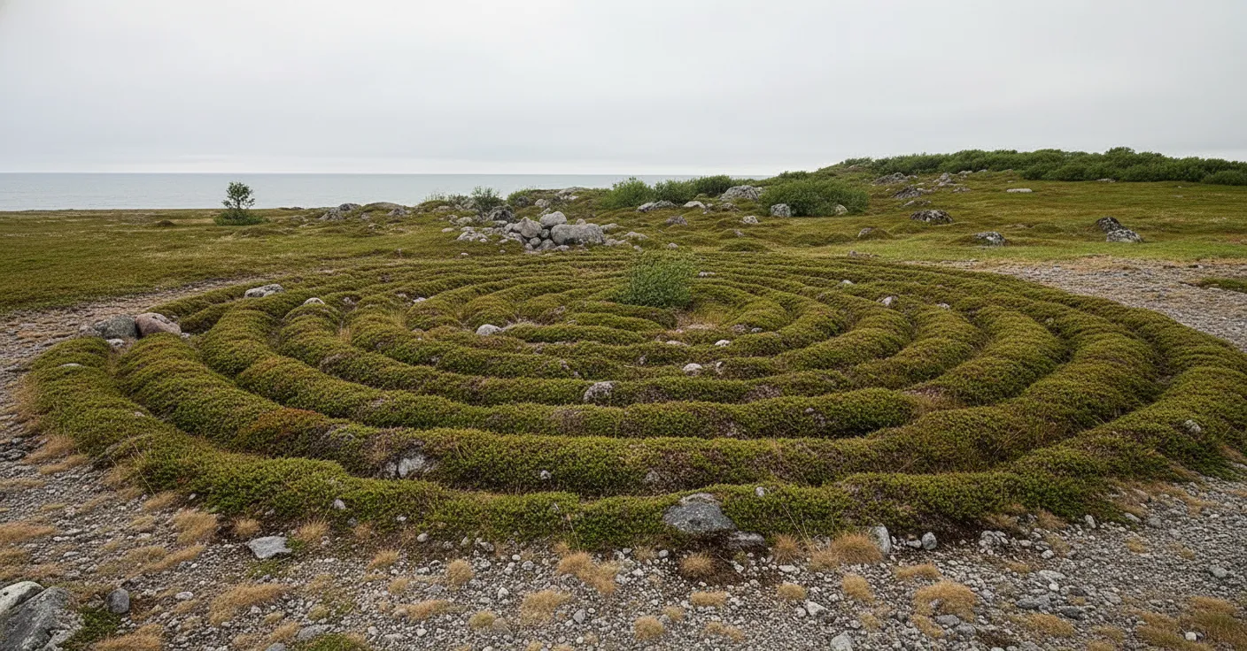 Close-up of the intricate stone patterns of a labyrinth, showing the individual boulders and their placement.