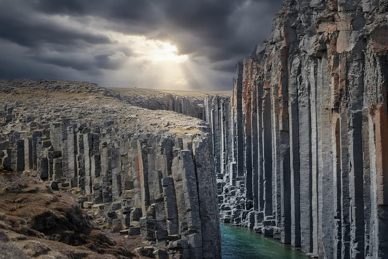 Journey into a remote Icelandic canyon where shockingly turquoise waters flow between thousands of towering, perfectly hexagonal basalt columns.