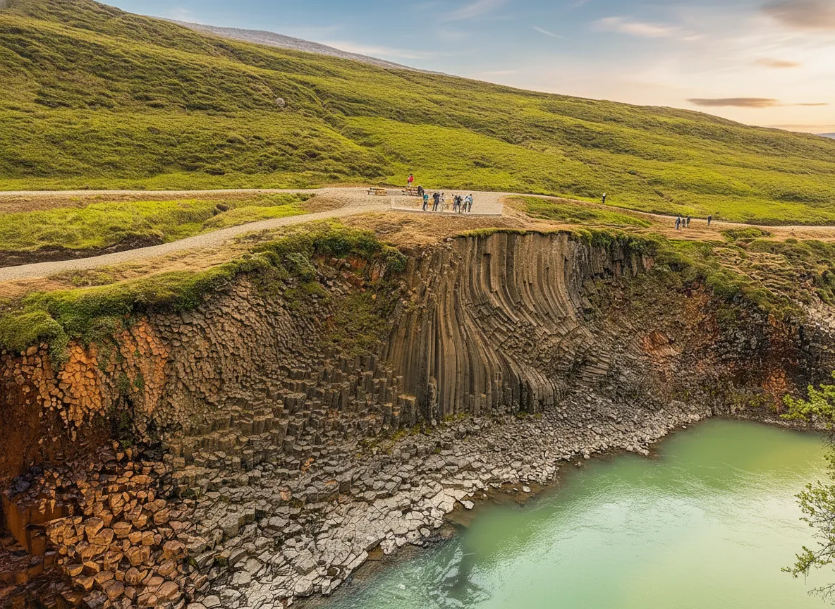 Stunning view of Stuðlagil Canyon with vibrant turquoise water flowing between towering hexagonal basalt columns.