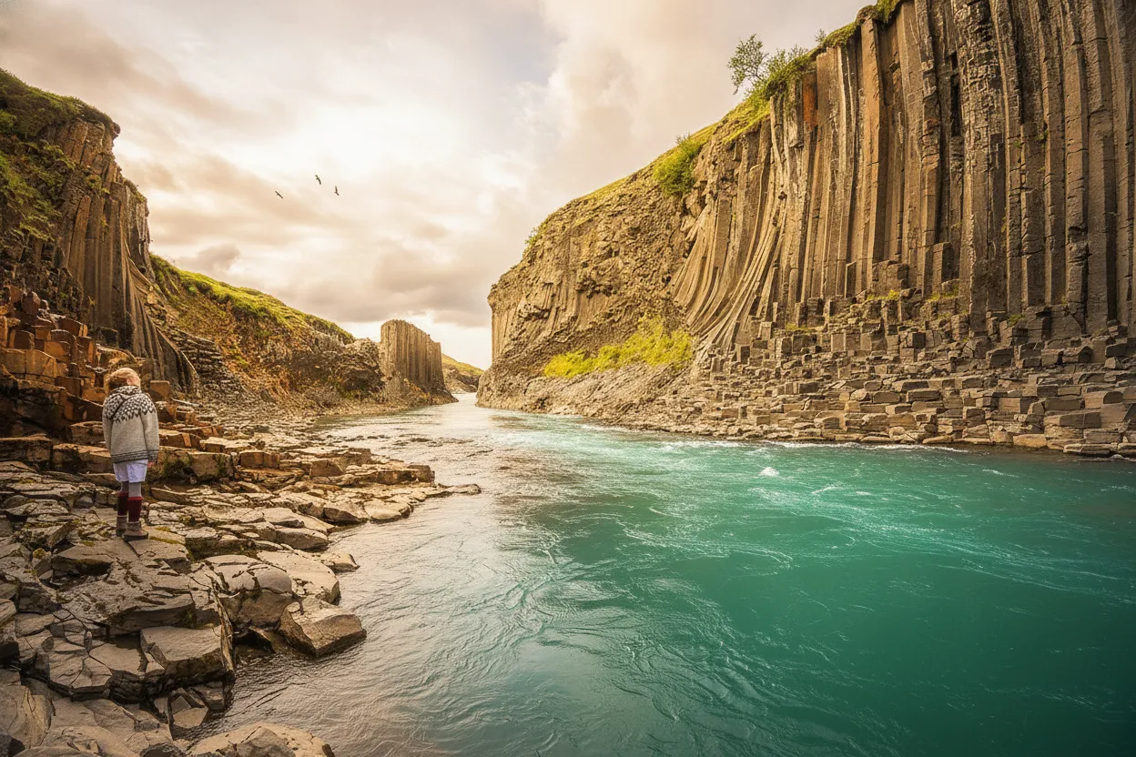 Close-up of perfectly hexagonal basalt columns rising from the turquoise river in Stuðlagil Canyon.