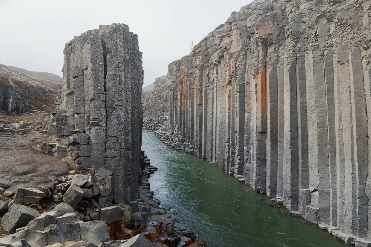 A wide shot of Stuðlagil Canyon, showing the vast expanse of basalt columns and the turquoise river from a distance.