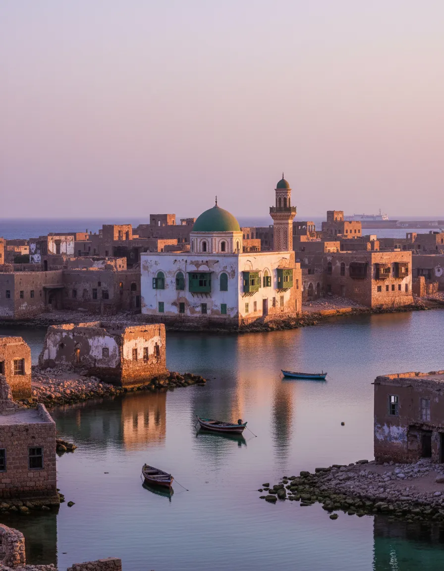 Walk through the skeletal remains of an ancient coral port city, where magnificent buildings now crumble into the Red Sea, slowly consumed by time and the elements.