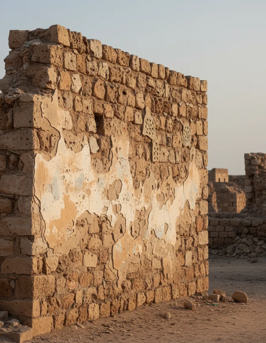 Eroding coral buildings of Suakin against the deep blue Red Sea