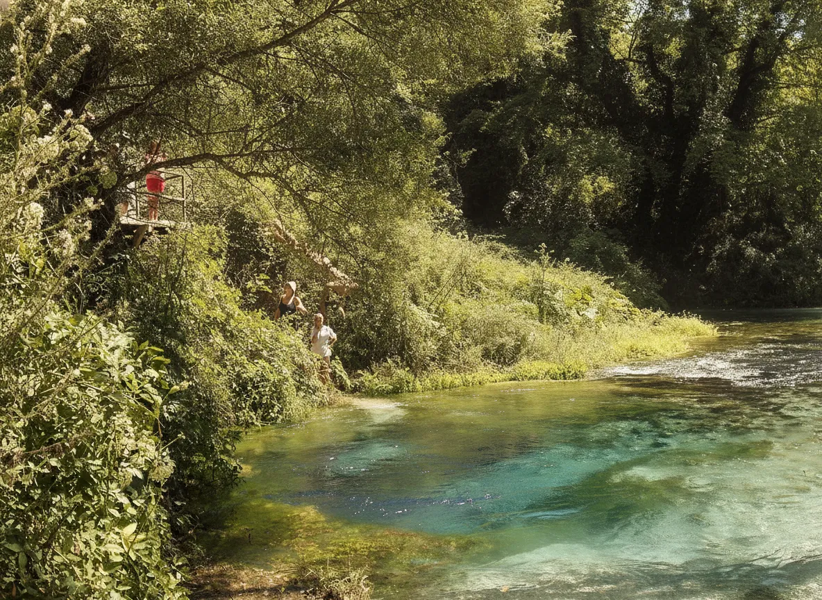 A wooden viewing platform extending over the crystal-clear waters of Syri i Kaltër, with lush forest in the background.