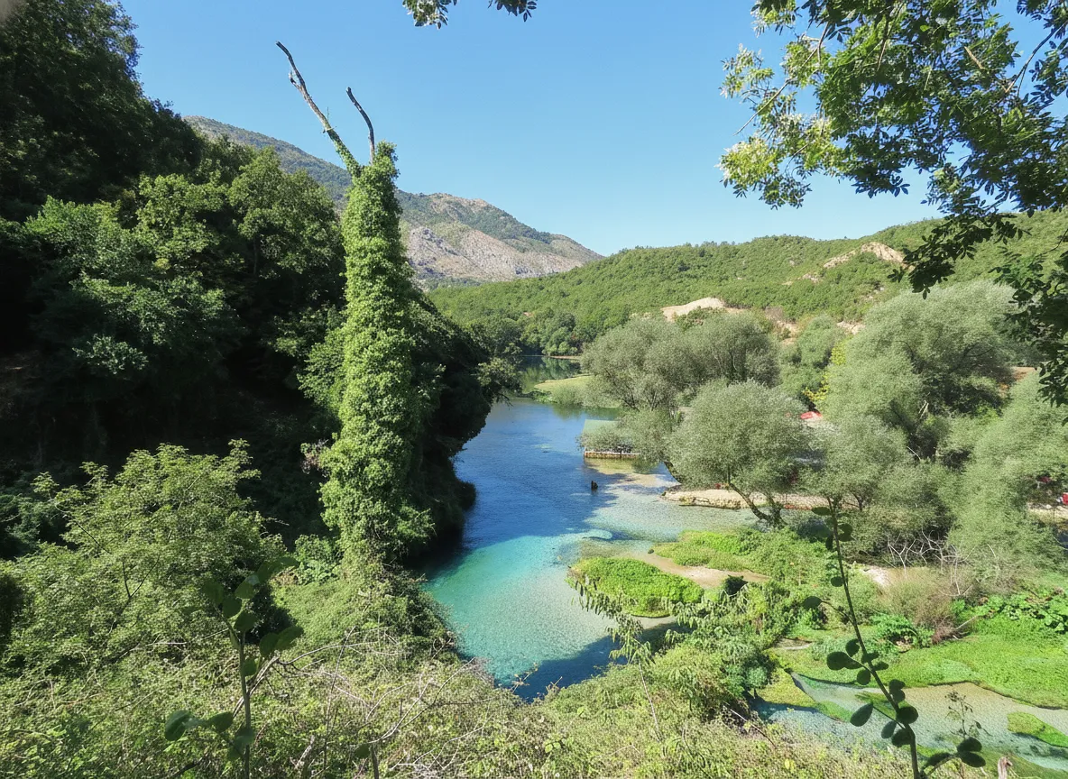 The vibrant blue and turquoise waters of Syri i Kaltër, the Blue Eye spring, surrounded by lush greenery.