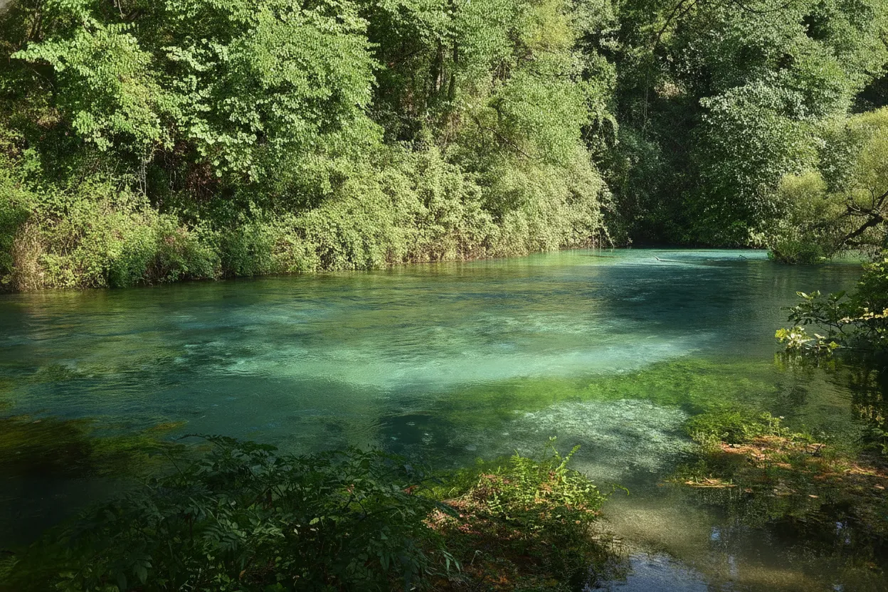 A close-up view of the incredibly clear, sapphire-blue water bubbling up from the mysterious depths of Syri i Kaltër.