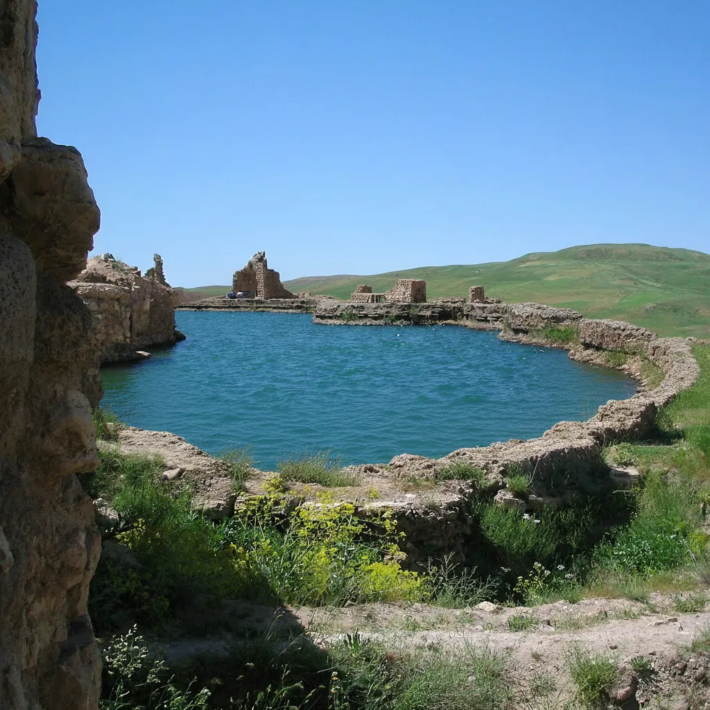 The stunning turquoise crater lake at Takht-e Soleyman, Iran, surrounded by ancient stone ruins under a blue sky.