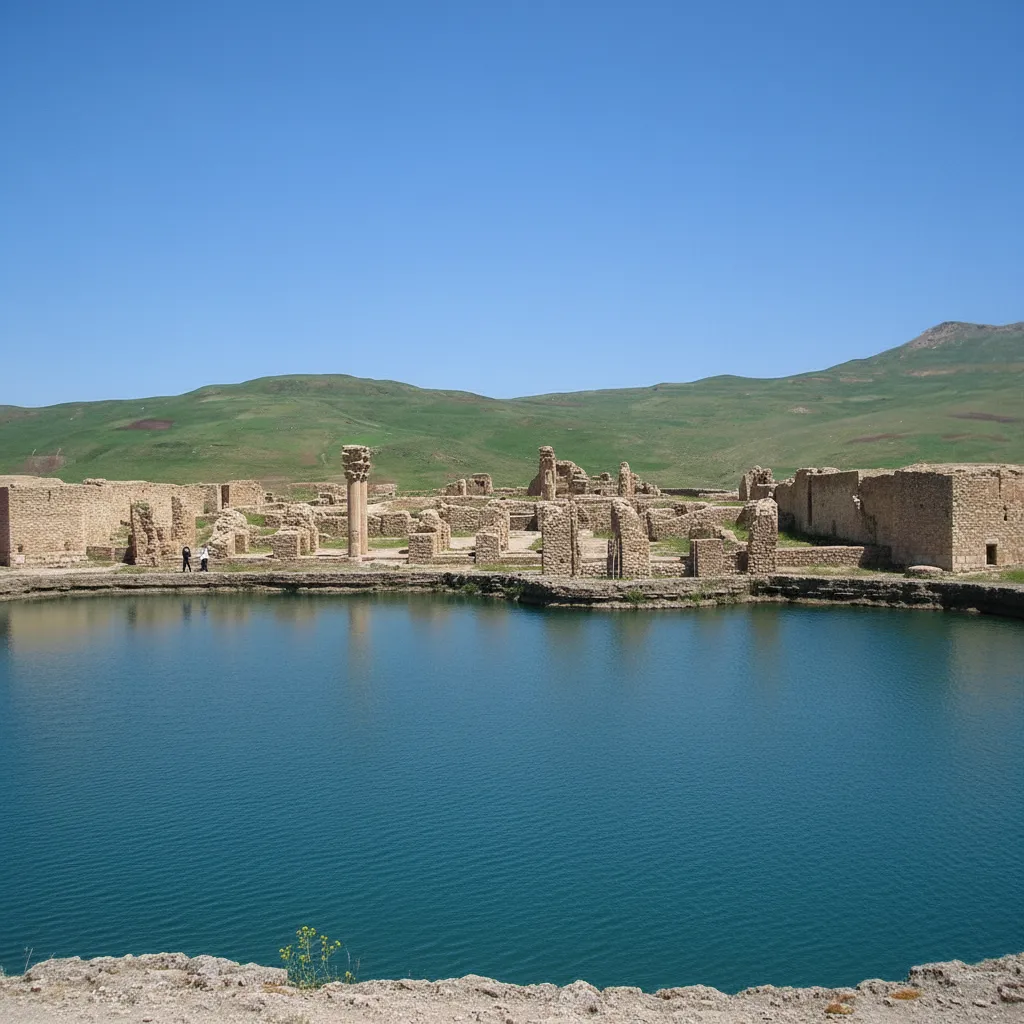 Panoramic view of the ancient Sassanian fire temple ruins at Takht-e Soleyman, showing stone walls and structures with mountains in the background.