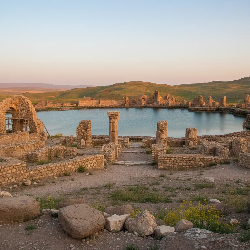 Close-up of ancient stone carvings and architectural details within the ruins of Takht-e Soleyman, showing intricate patterns.