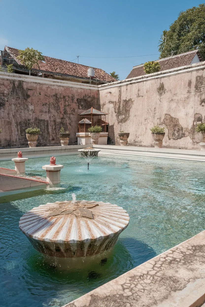 Royal bathing pools at Taman Sari Water Castle with elegant architecture and clear blue water.