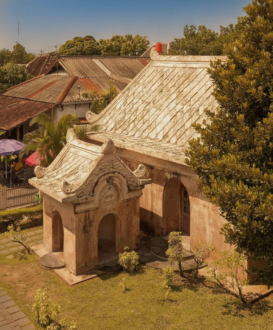Overview of Taman Sari complex with traditional Javanese houses and lush greenery.