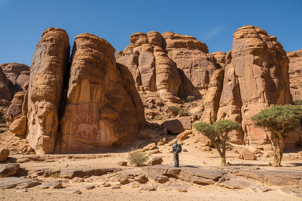 Ancient rock paintings depicting vibrant life in Tassili n'Ajjer, showcasing cattle and human figures