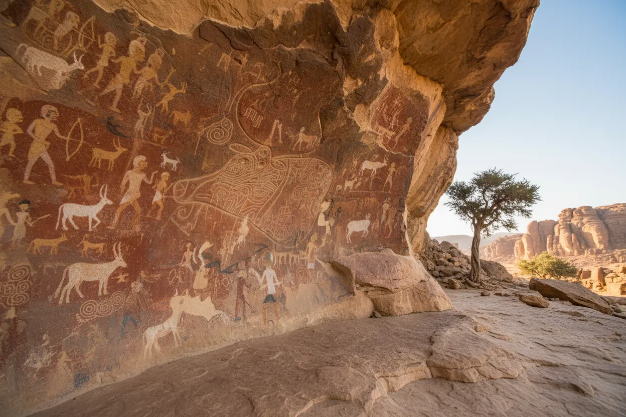Towering sandstone formations resembling a petrified city in Tassili n'Ajjer, under a clear sky