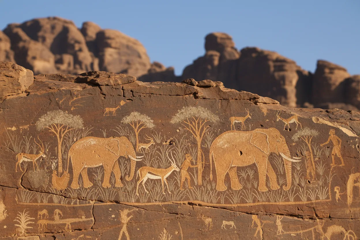 A group of adventurers with a 4x4 vehicle exploring the vast sandstone landscapes of Tassili n'Ajjer at sunset