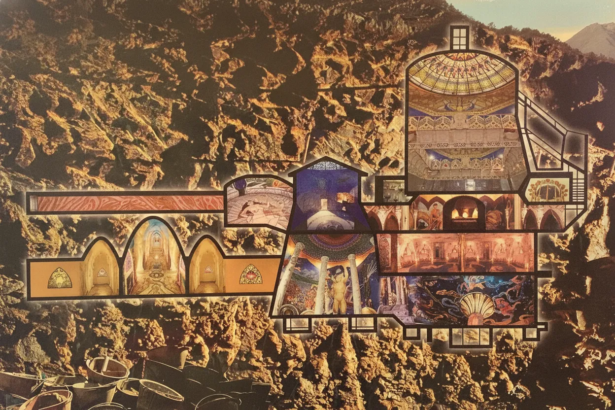 A vibrant, multi-level chamber inside the Temples of Humankind, showing intricate mosaics and painted walls.
