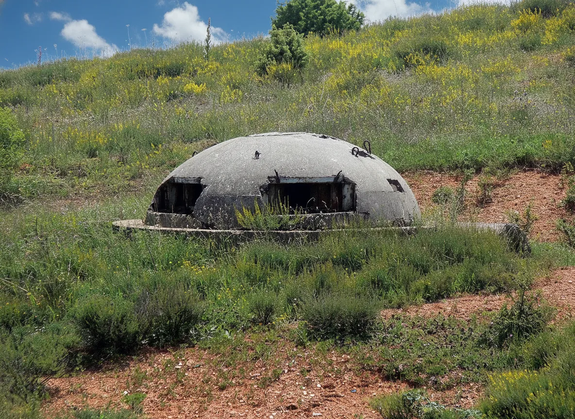 A small, grey concrete bunker standing alone in a green field under a blue sky in rural Albania.