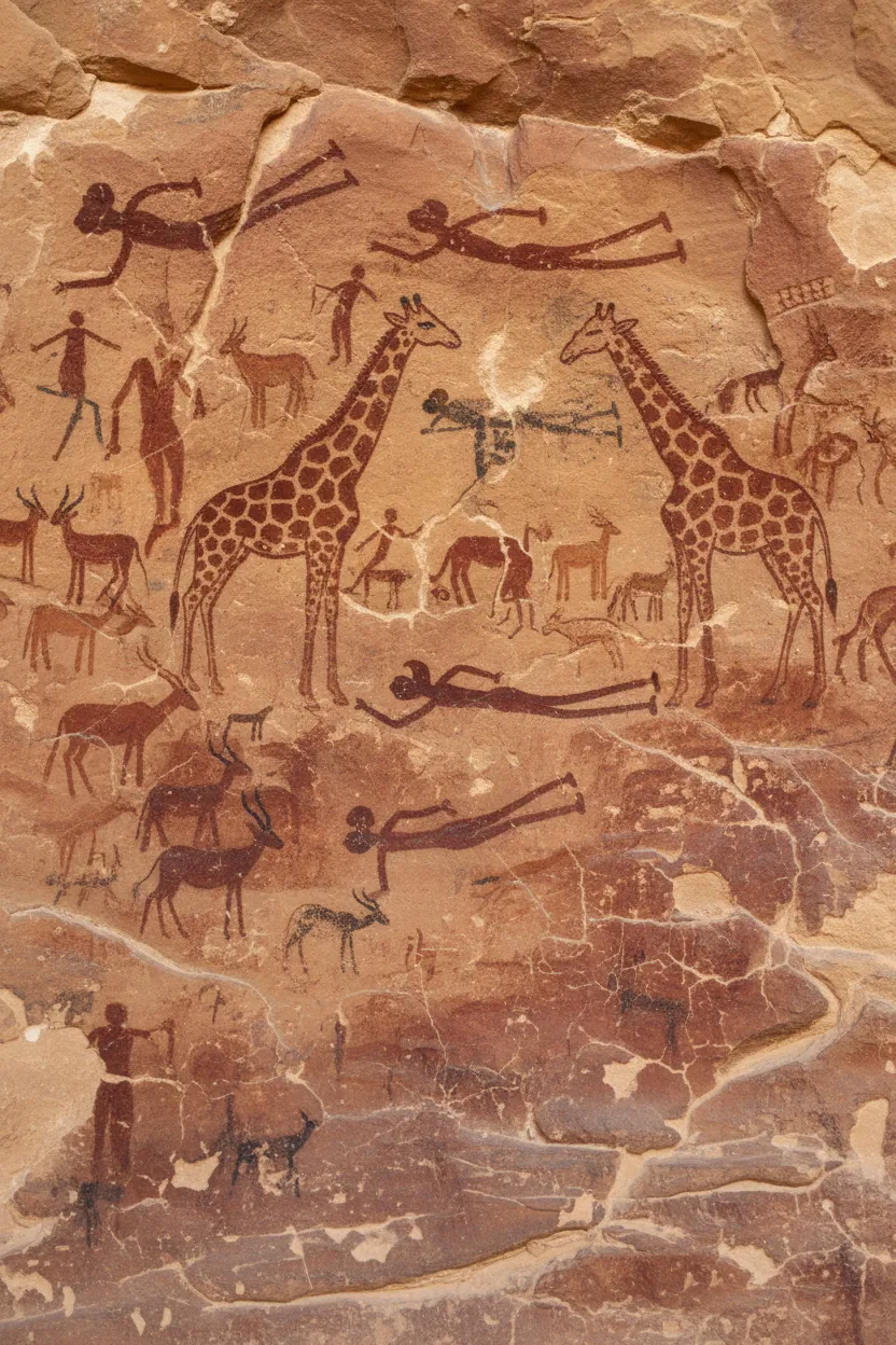 Ancient rock paintings of human figures appearing to swim on the walls of the Cave of the Swimmers in Egypt's Gilf Kebir plateau.