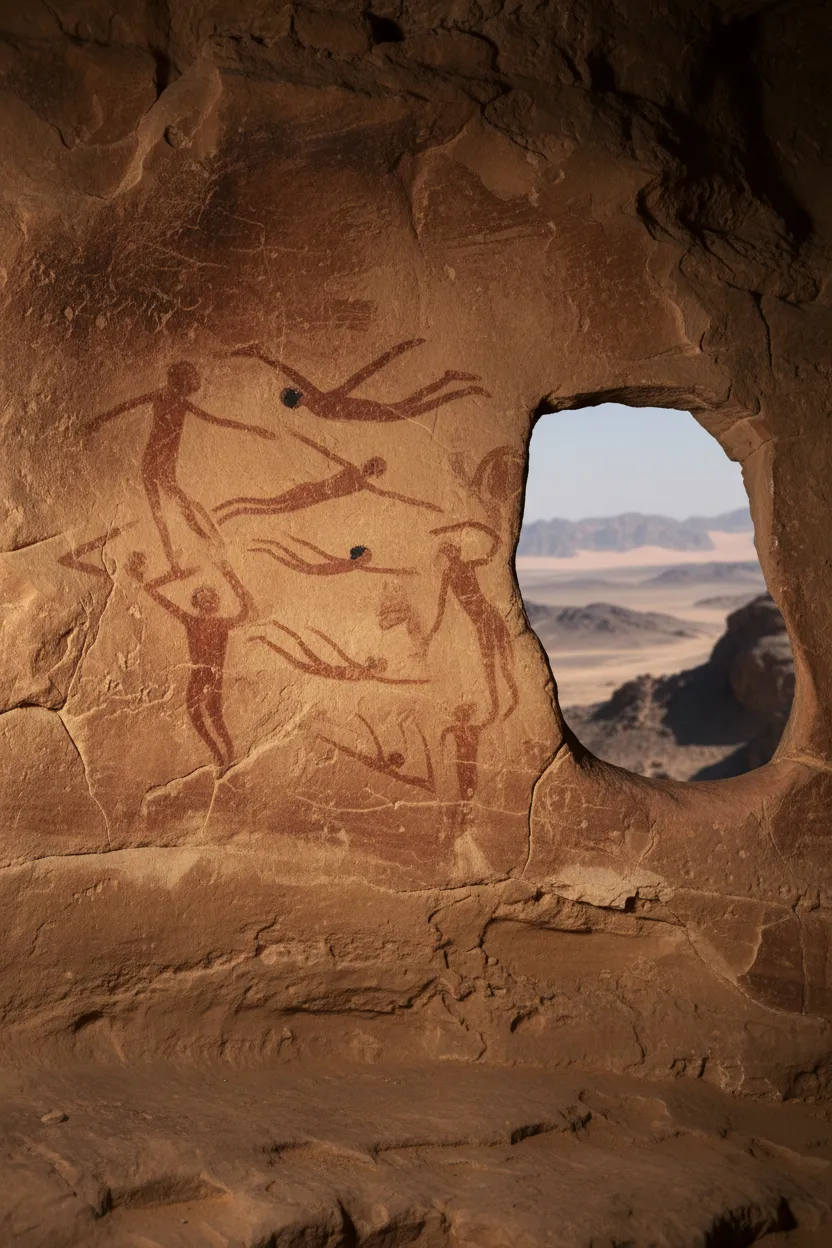 Close-up of ancient rock art from the Cave of the Swimmers depicting a giraffe and other savannah animals.