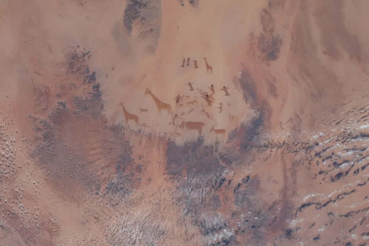 Expedition vehicles parked amidst the vast, desolate landscape of the Gilf Kebir plateau in Egypt, under a clear blue sky.