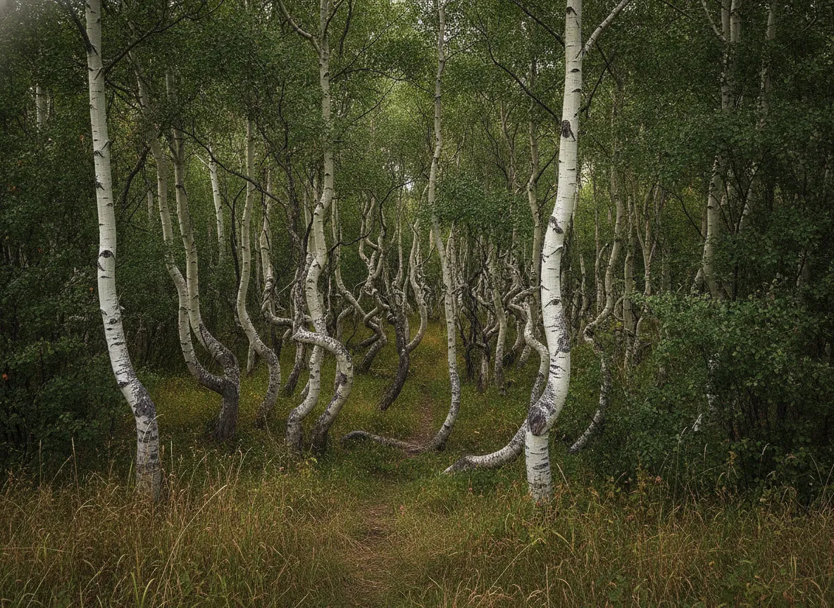 Close-up of a twisted aspen trunk in The Crooked Bush, showing its unique corkscrew pattern.