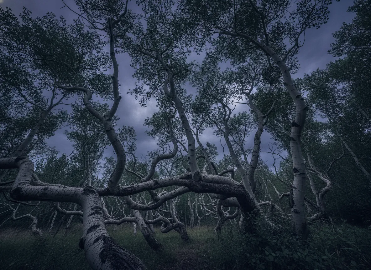 A wide shot of The Crooked Bush, showing the density of the twisted aspen trees under a prairie sky.