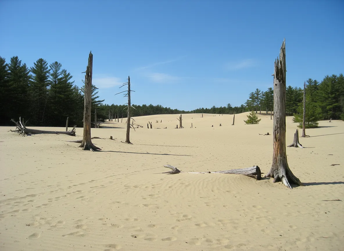 Expansive view of the undulating sand dunes at the Desert of Maine under a clear sky, with sparse vegetation