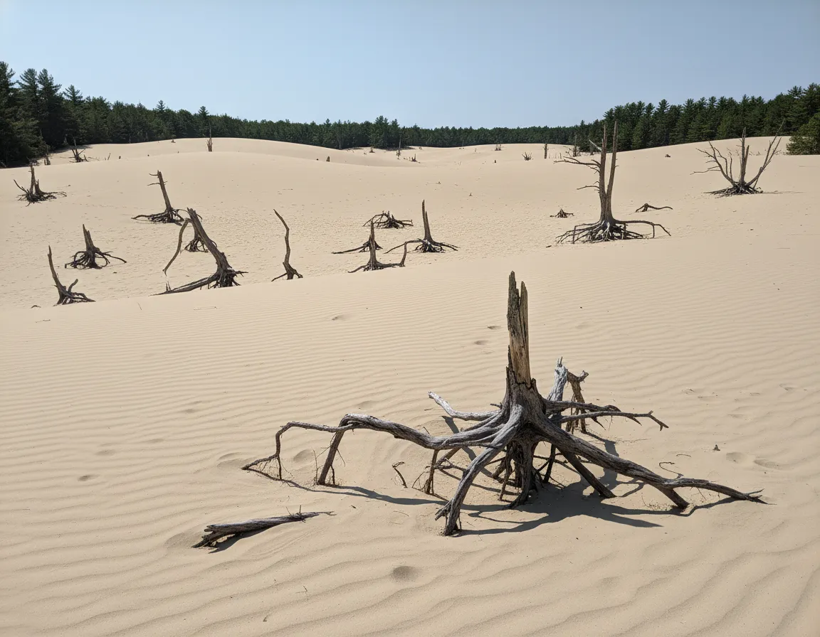 Family exploring the sandy trails at the Desert of Maine, with children playing in the sand