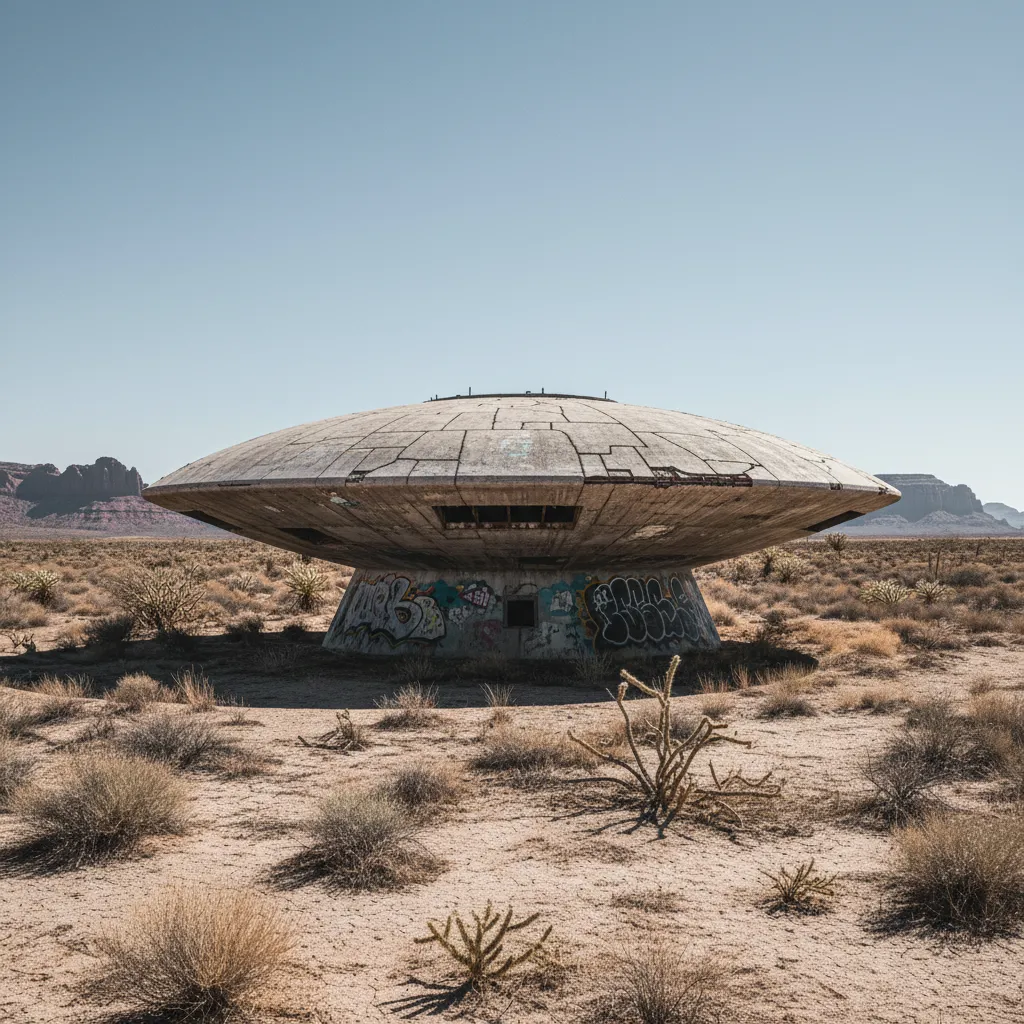 Wide shot of the Domes of Eloy, showing multiple concrete domes rising from the Arizona desert landscape, with vibrant graffiti visible on their surfaces.