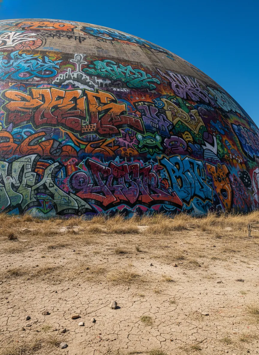Interior shot of one of the Domes of Eloy, showing the vast concrete walls covered in colorful and intricate graffiti art.