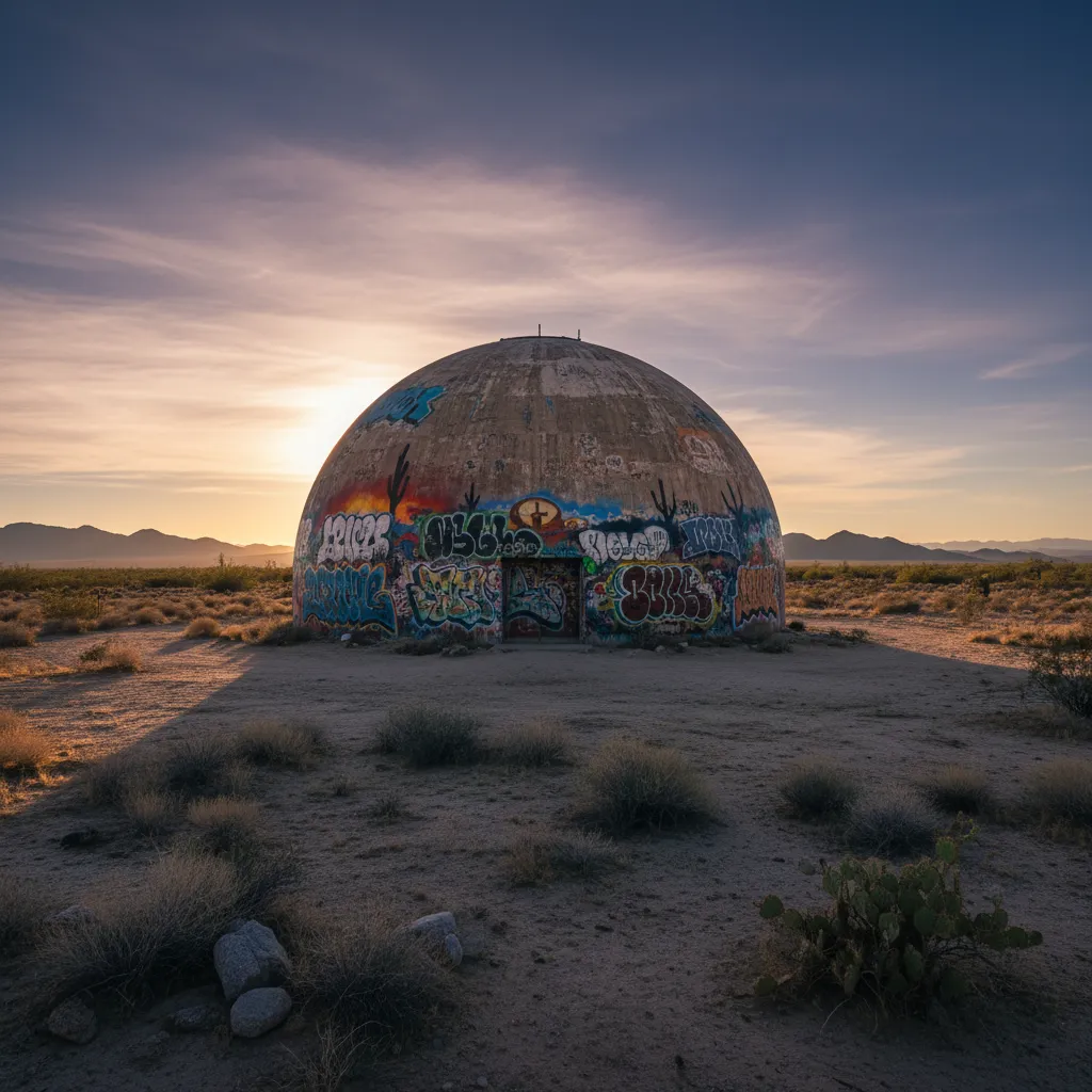 A person standing inside one of the Domes of Eloy, looking up at the graffiti-covered ceiling, emphasizing the scale of the structure.