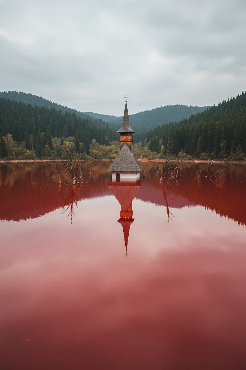 The haunting steeple of the Drowned Church of Geamăna rising from the toxic red lake in Romania.