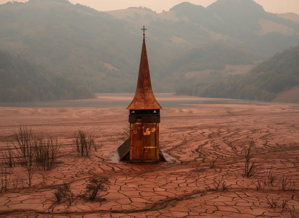 Close-up of the cross atop the steeple of Geamăna church, partially submerged in the red tailings pond.