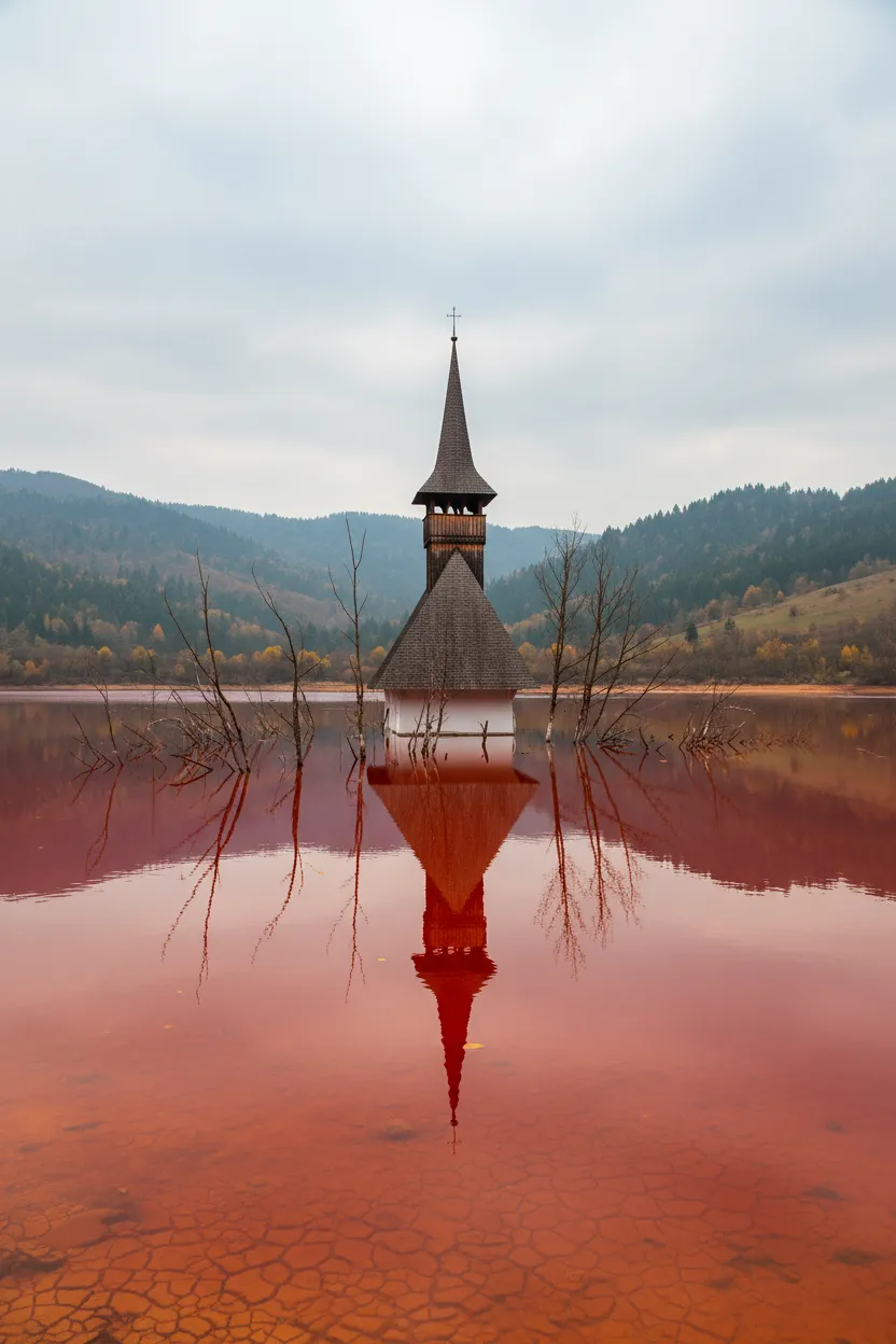 Panoramic view of the crimson lake of Geamăna, with the church steeple visible in the distance and green mountains surrounding it.