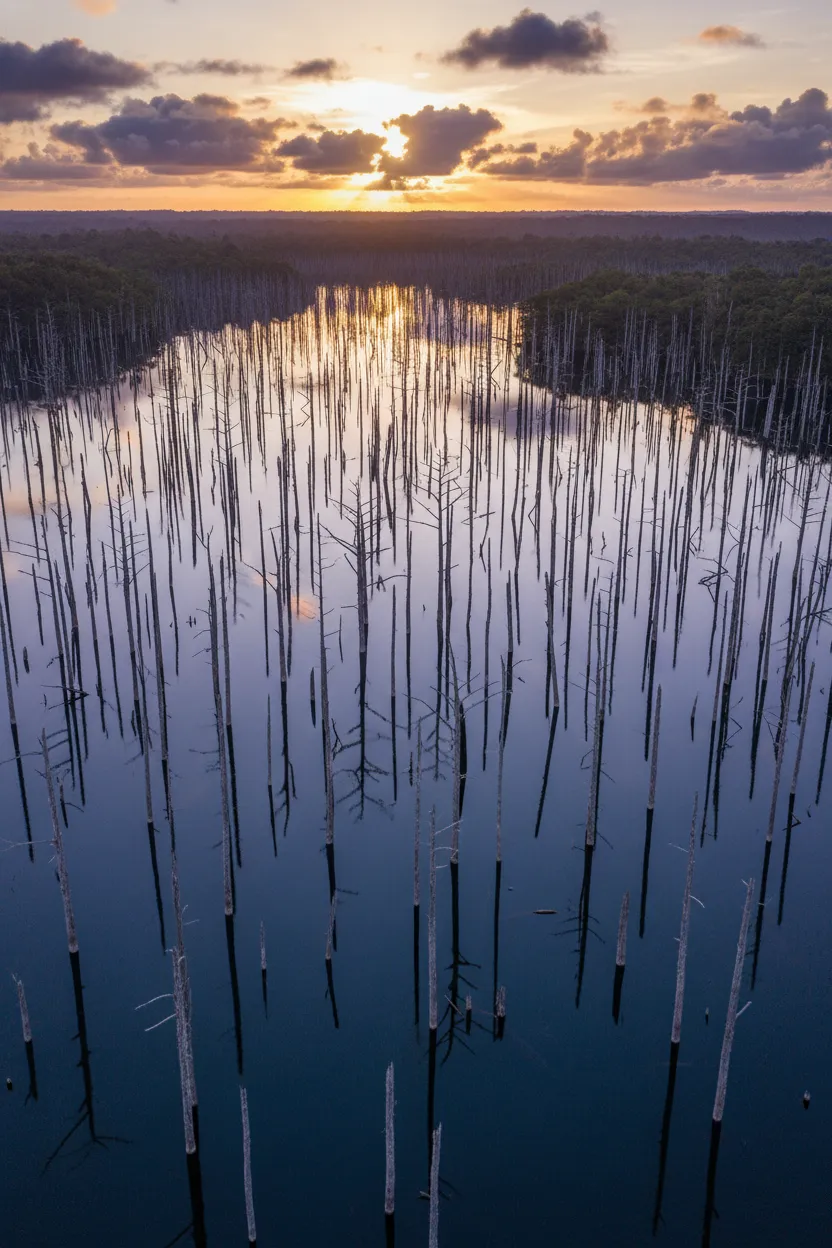 Beneath the tranquil surface of a remote reservoir lies a ghostly, silent forest of thousands of ancient trees, perfectly preserved and eerily standing tall.