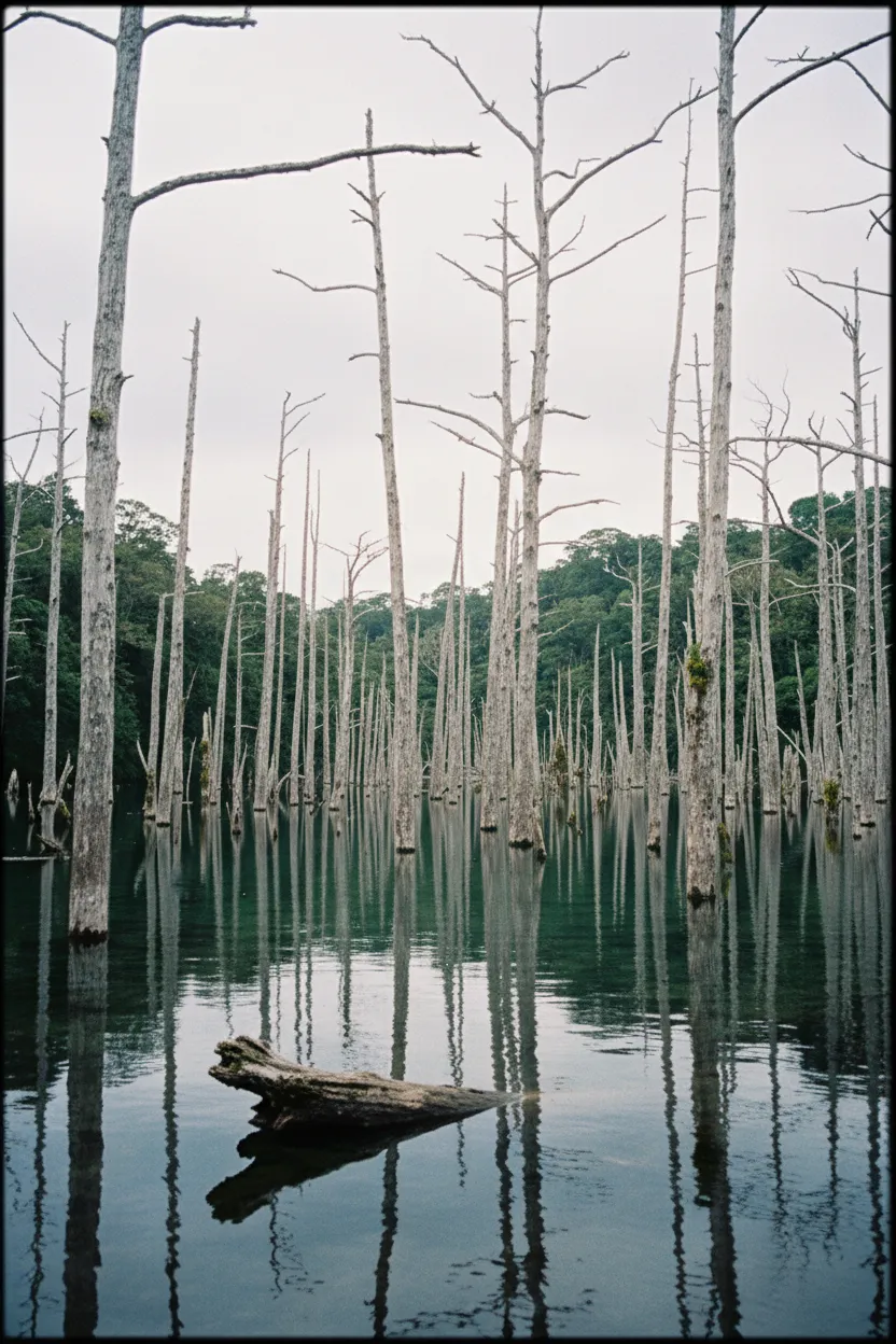 Kayakers paddling over the calm waters of the Drowned Forest, with faint outlines of submerged tree trunks visible below the surface.