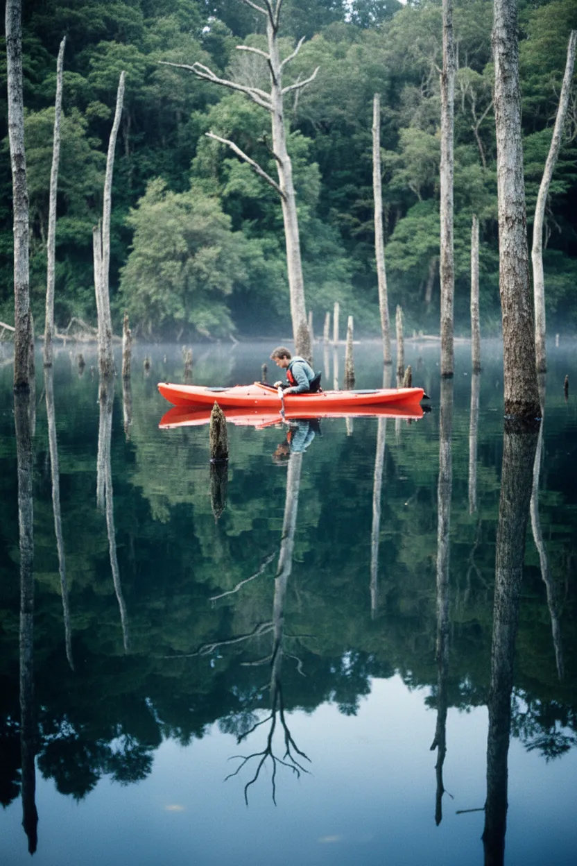 Close-up shot of clear water showing the dark, textured trunk of a submerged kauri tree reaching up from the depths.