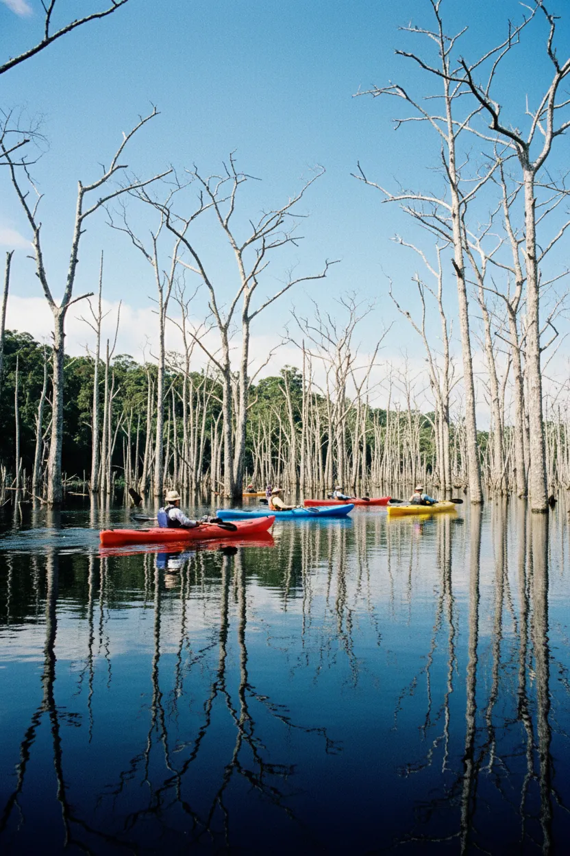 Panoramic view of the Yaté Reservoir surrounded by lush green mountains under a blue sky, with the Drowned Forest visible in the foreground.