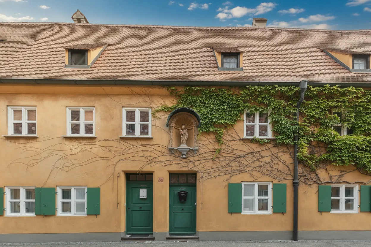 Charming cobblestone street within the Fuggerei complex, lined with historic yellow-painted houses and blooming flowers