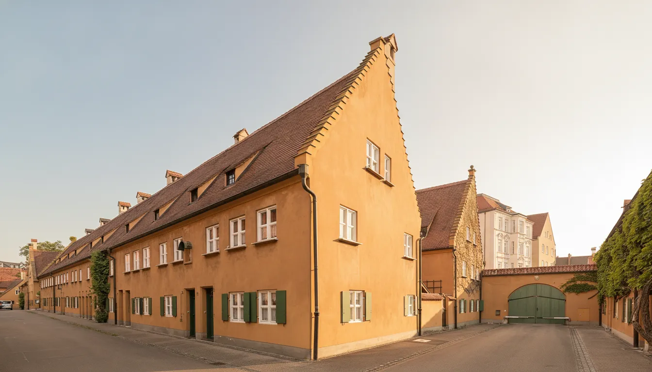 The Fuggerei entrance gate with its distinctive archway and historical plaque, inviting visitors into the complex.