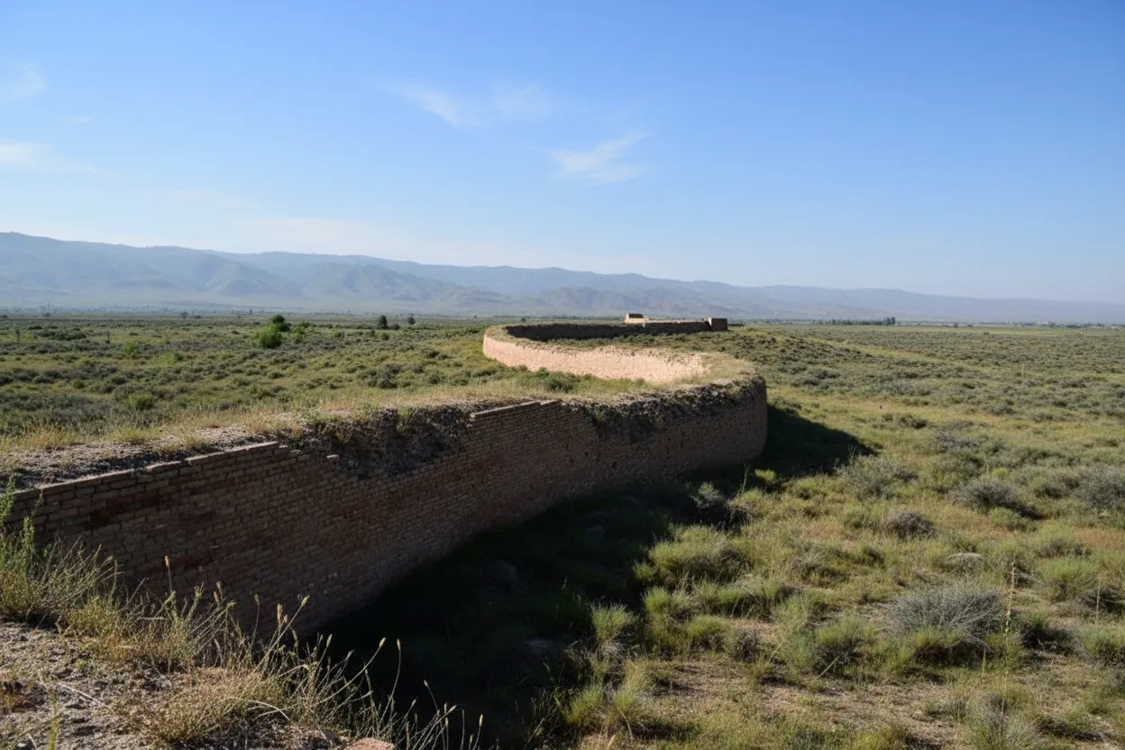 Aerial view of the Great Wall of Gorgan snaking through green hills and agricultural land in Golestan Province, Iran.