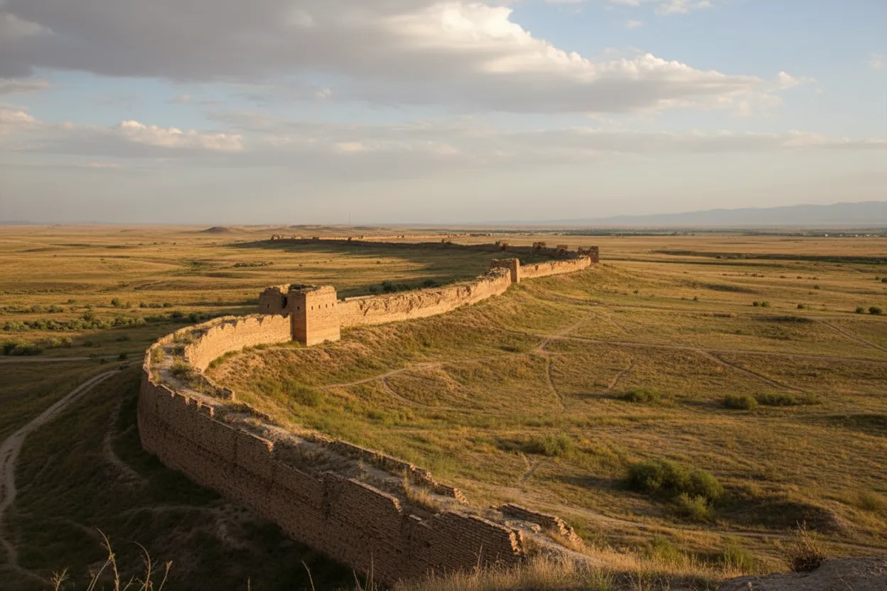 Close-up of the ancient red brickwork of the Great Wall of Gorgan, showing its sturdy construction and weathered texture.