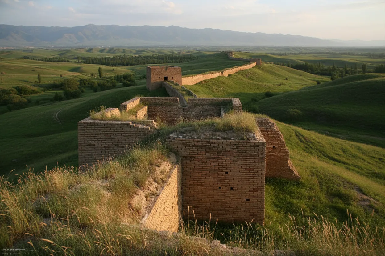 A traveler hiking along a section of the Great Wall of Gorgan with rolling green hills and a clear blue sky in the background.
