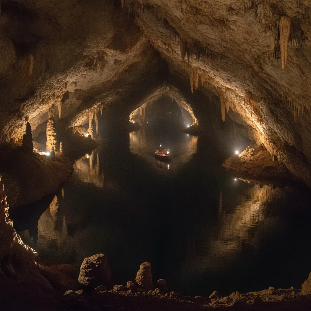 Deep beneath the Appalachian foothills lies America's largest underground lake, a vast, crystal-clear expanse navigated by glass-bottom boats where prehistoric megafauna once roamed.
